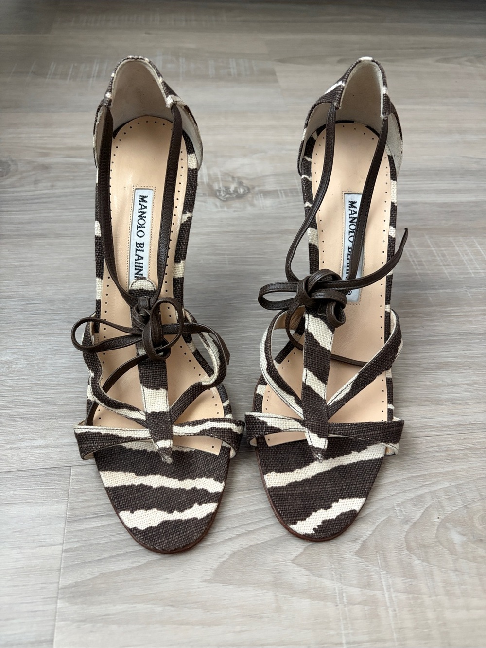 Vintage Manolo Blahnik Brown and Cream Zebra-Print Lace-Up Sandals